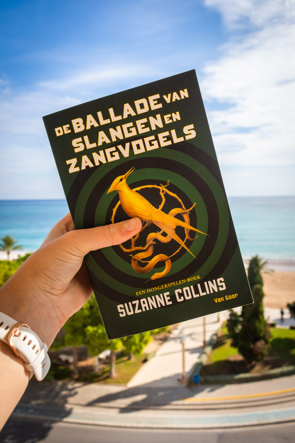 Boek Ballade van slangen en zangvogels omhooggehouden tegen blauwe lucht en zee