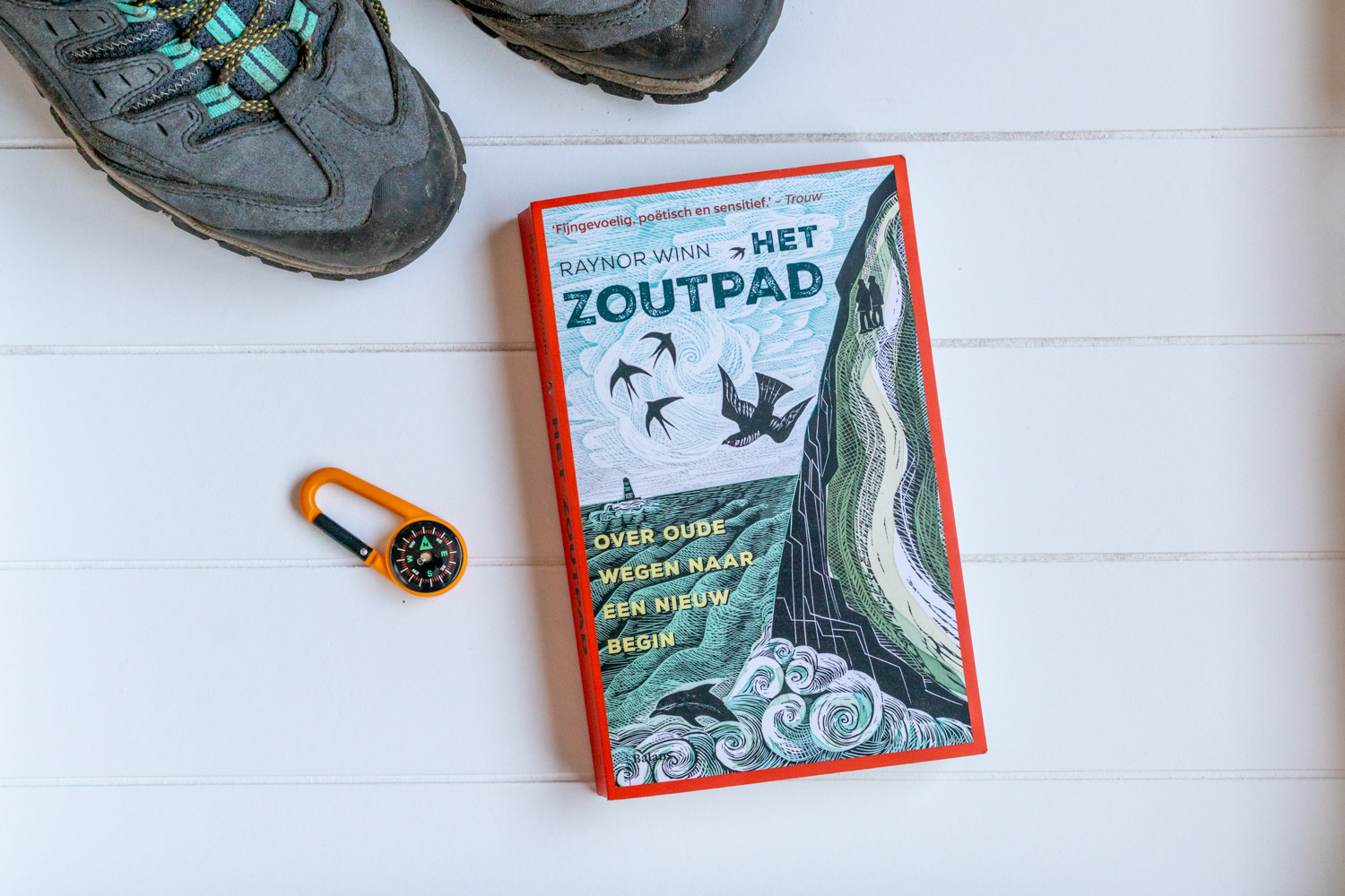 Paperback van Het zoutpad van Raynor Winn met kompas en wandelschoenen