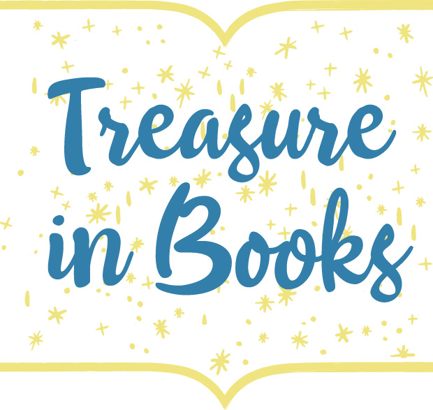 Logo Treasure in Books, blauwe letters in geel boek met sterren