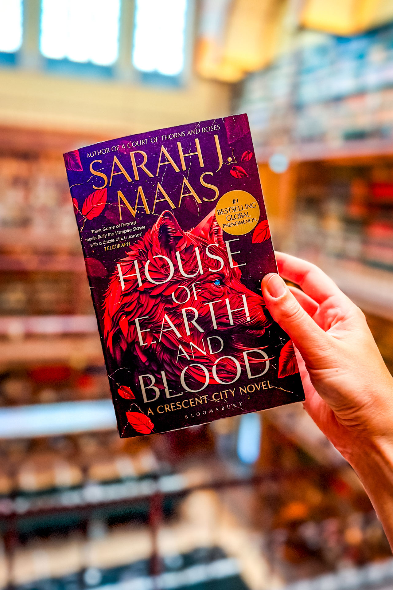 Een hand houdt het boek House of Earth and Blood van Sarah J. Maas omhoog in een sfeervolle, onscherpe bibliotheek. De paarse en rode omslag toont een rode wolf omringd door bladeren, met de titel, auteursnaam en de tekst “A Crescent City Novel” duidelijk zichtbaar.